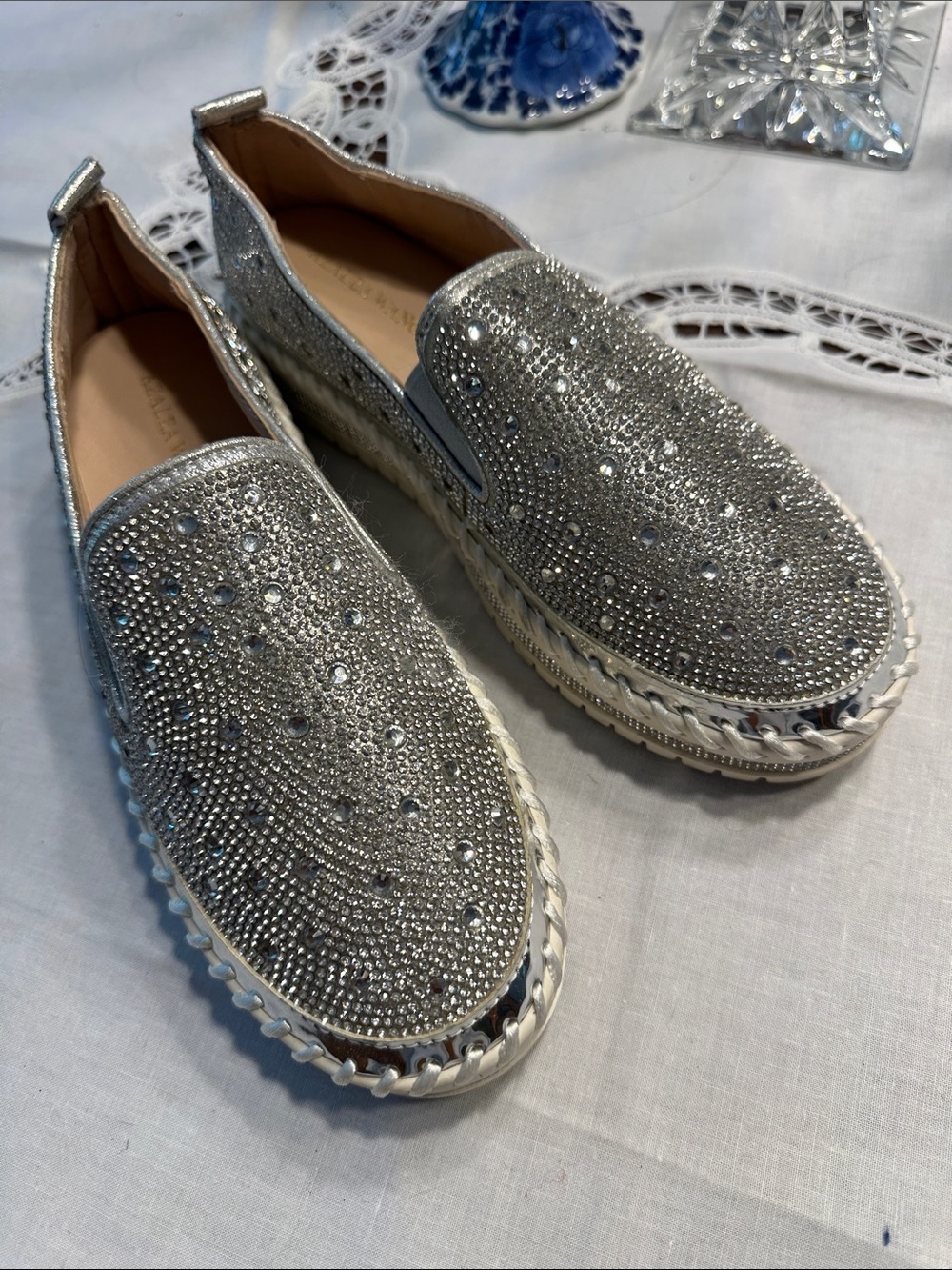 Silver Crystal Slip-On Espadrille Sneakers - Women's